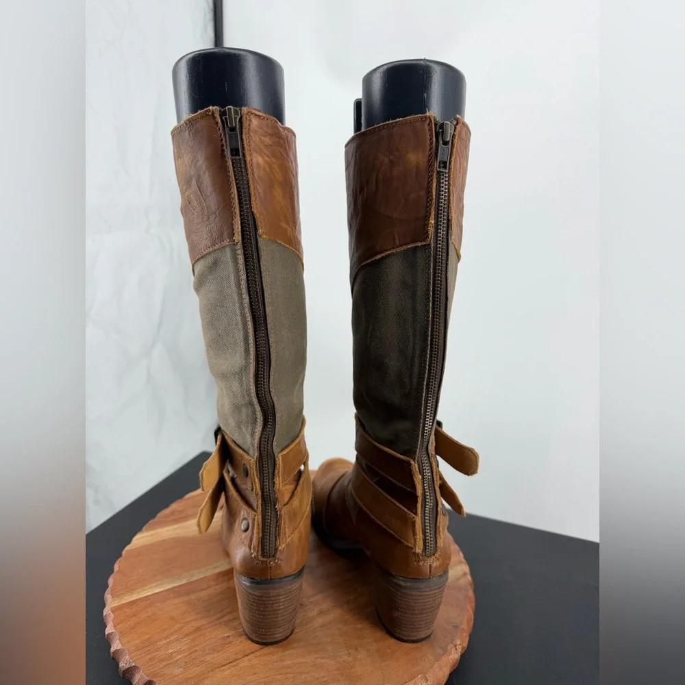 Durango harness tall boots sz 7 brown leather‎ green canvas